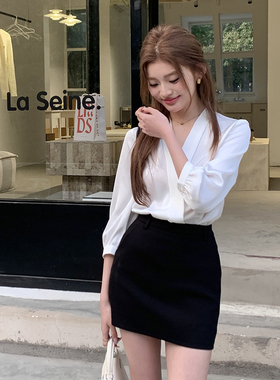 SHE ER法式别致绝美白色缎面V领衬衫女春秋季20224新款气质漂亮小