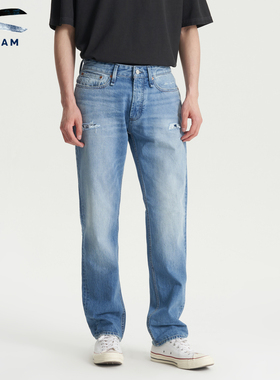 DENHAM男士做旧水洗猫须磨白破洞宽松中腰剪刀牛仔裤男FORGE