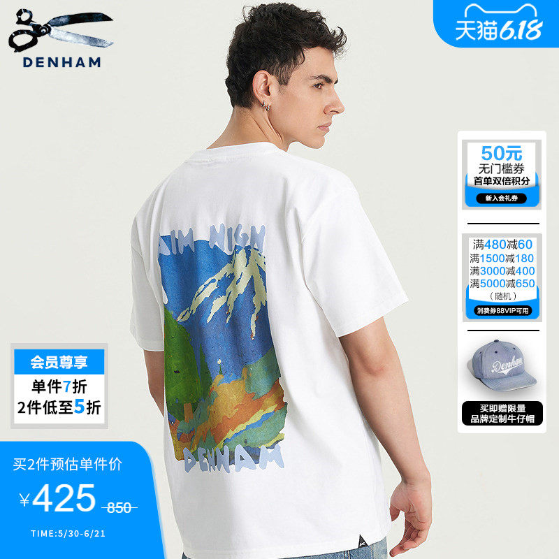 DENHAM夏季男士休闲复古图案白色黑色短袖T恤男款