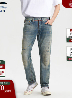 DENHAM畅销款男士直筒中腰复古做旧水洗磨破剪刀牛仔裤RIDGE