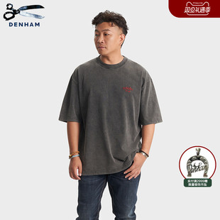 DENHAM2025年秋冬新款 T恤 复古做旧水洗黑色红色英伦玫瑰印花短袖