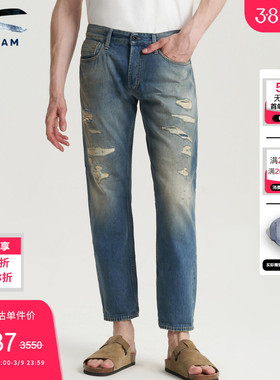 DENHAM男士意大利制破洞磨白赤耳直筒中腰剪刀牛仔裤RIDGE
