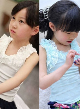 韩版新款黄色粉色无袖圆领黑色纯色儿童百搭花边 女童打底背心