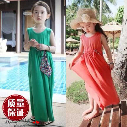 韩版女童仿古波西米亚海边沙滩纯棉腰带背心裙儿童夏季长裙母女装
