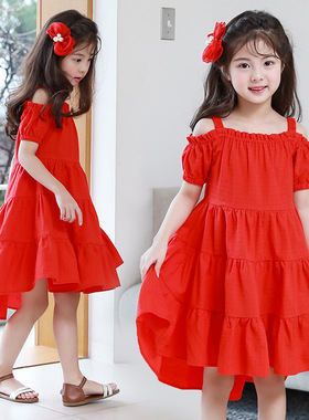 夏装新品韩版童装女童红色吊带裙儿童沙滩裙一字领大摆裙