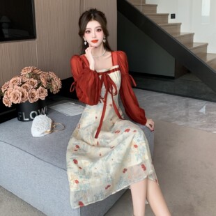 浮玉枝意新中式撞色天丝皱印花连衣裙改良汉服裙2025早秋季新款