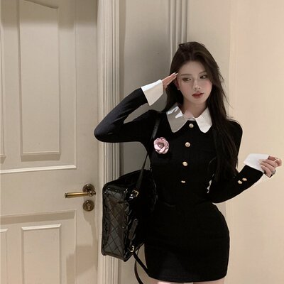 实拍实价 少女心事 甜美裙子针织裙衬衫领修身短款假两件连衣裙