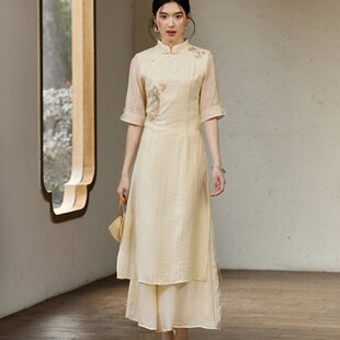 原创改良新中式奥黛旗袍女连衣裙刺绣上衣气质修身国风夏季两件套