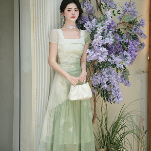 实拍 渐变清冷感绝美绿色连衣裙 法式