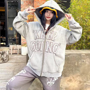 纸袋家艾米440g加绒宽松休闲连帽拉链外套贴布绣美式 潮流P0539