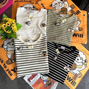 海伦的礼物纸袋家新款加厚小狗刺绣条纹圆领韩版通勤长袖打底衫