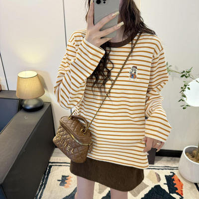条纹撞色长袖T恤女宽松休闲上衣