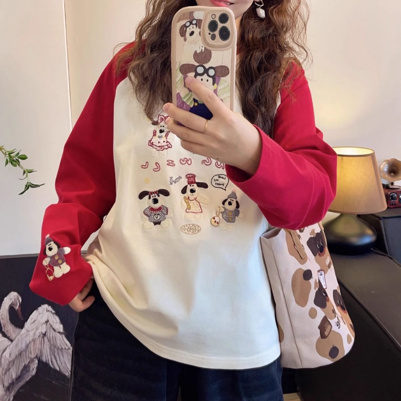 纸袋家秋季新款「显瘦拼色插肩袖打底衫」1183大耳朵狗刺绣长袖,女装/女士精品,T恤,淘宝优惠券,粉丝福利购,淘宝优惠卷