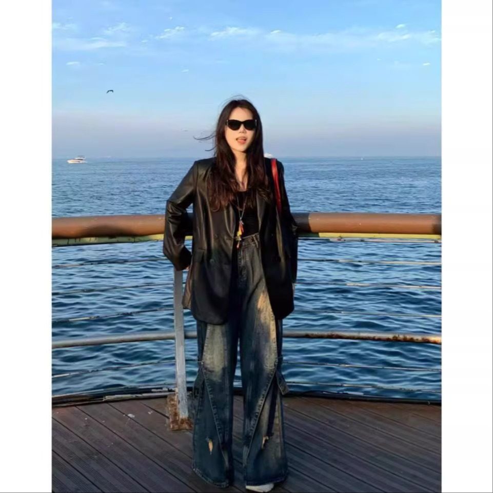 大码女装200斤休闲大码PU皮衣西装外套女春秋上班韩系宽松胖mm