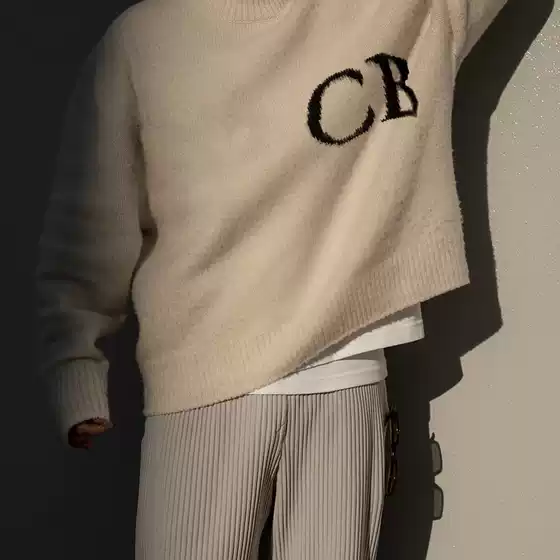 Cole Buxton Minimalist Letter Logo Jacquard Embroidery Loose Round Neck Casual Knit Sweater Jacket Trendy