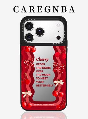 CAREGNBA樱桃红色波浪字母适用苹果16ProMax手机壳2025新款iPhone15pro波点蝴蝶结14甜酷少女13防摔12镜面11