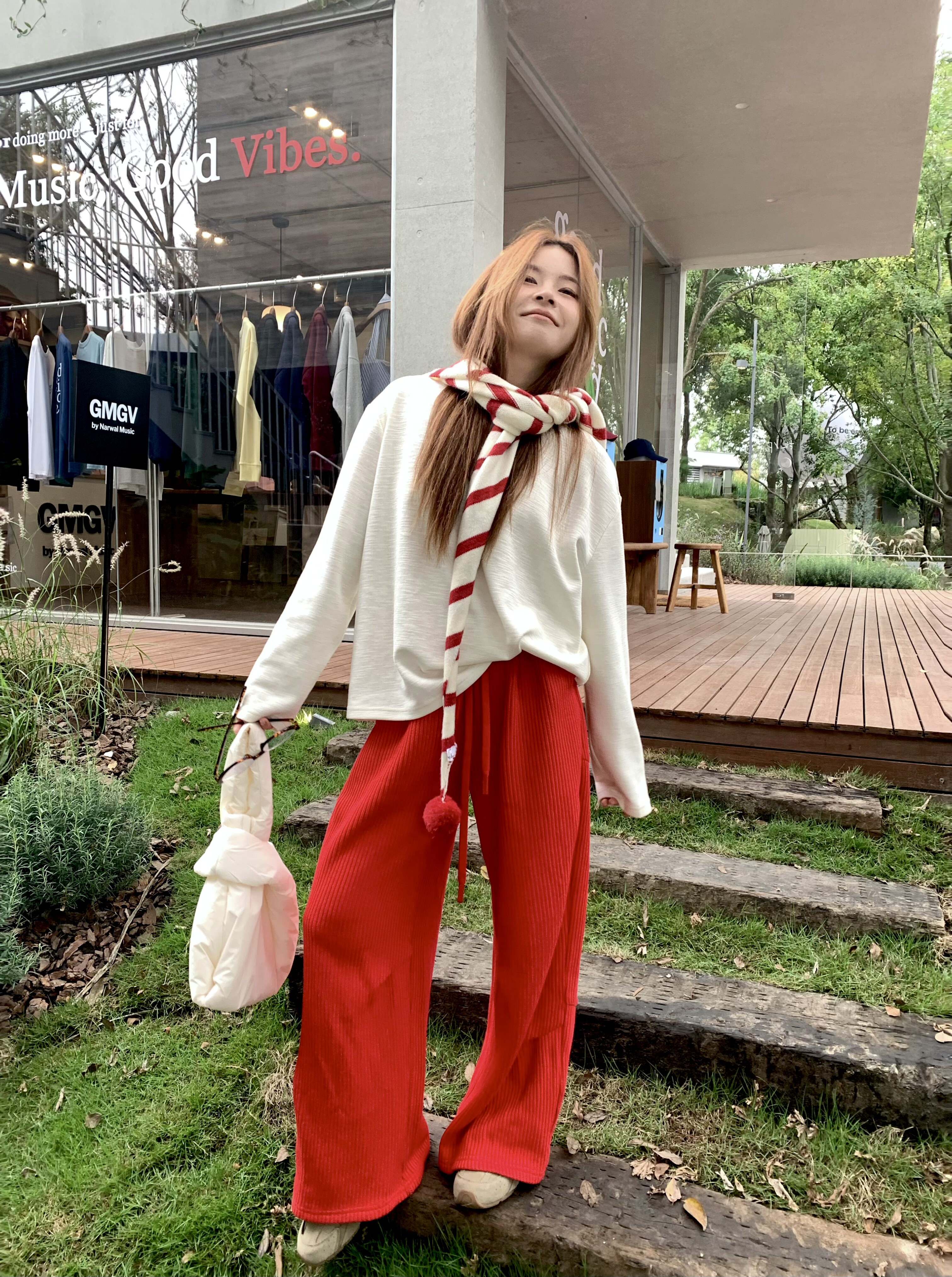 DAMEI大美 粗毛线红色卫裤 加厚高腰直筒阔腿宽松休闲裤子女