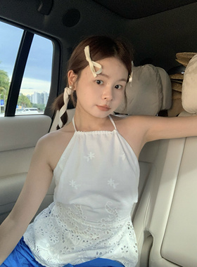 DAMEI大美白色刺绣挂脖露背纯欲风上衣 花边后背绑带背心上衣女夏