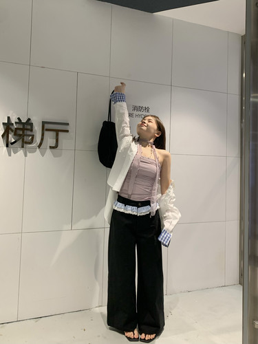 小个子黑色直筒裤加花边西装裤