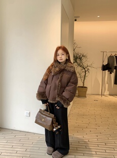 DAMEI大美 轻薄型90白鸭绒棕色羽绒服 拼接毛领短款保暖外套女冬