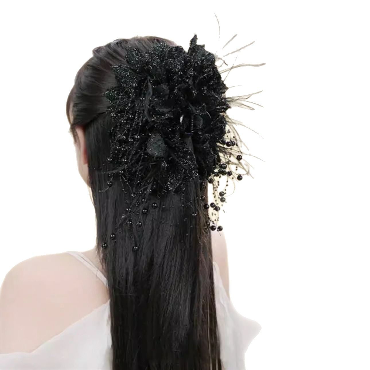 双牡丹大花苞流苏珠珠抓夹女超仙后脑勺盘发鲨鱼夹蓬松高颅顶头饰,饰品/流行首饰/时尚饰品新,民族风发饰,淘宝优惠券,粉丝福利购,淘宝优惠卷