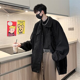 黑色牛仔外套男春秋冬季加绒加厚美式复古高级感潮牌翻领棉衣外套