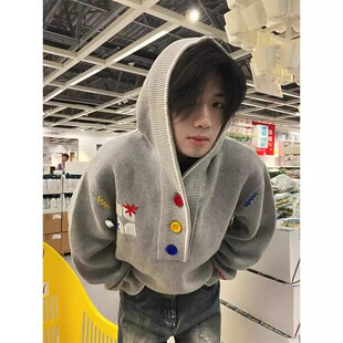 灰色美式复古刺绣连帽毛衣男款潮牌慵懒高级感卫衣针织衫情侣外套