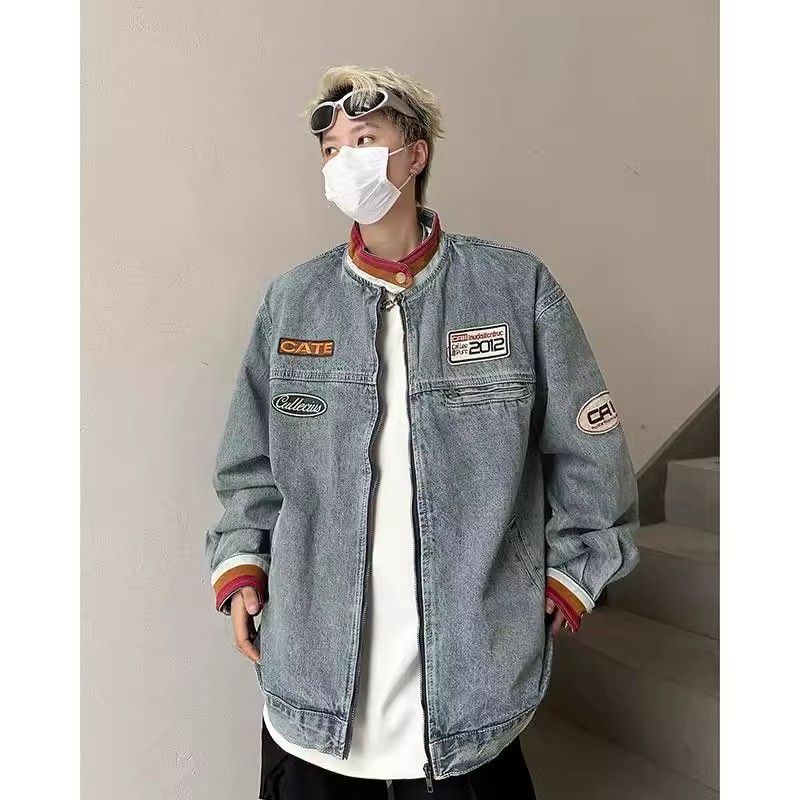 立领牛仔外套男女春秋季刺绣夹克