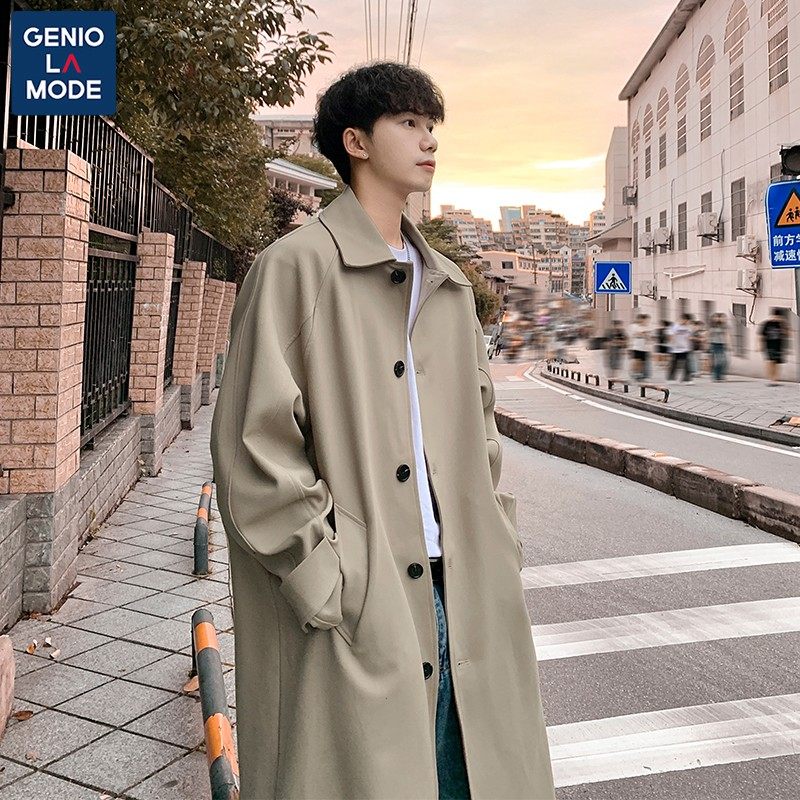韩系港风休闲风衣外套男女秋冬季中长款过膝高级感卡其翻领大衣潮