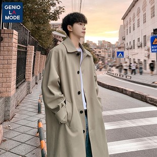 韩系港风休闲风衣外套男女秋冬季中长款过膝高级感卡其翻领大衣潮