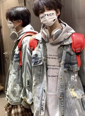美式扎染破洞牛仔外套男春秋季新款宽松bf高街学院风情侣夹克痞帅