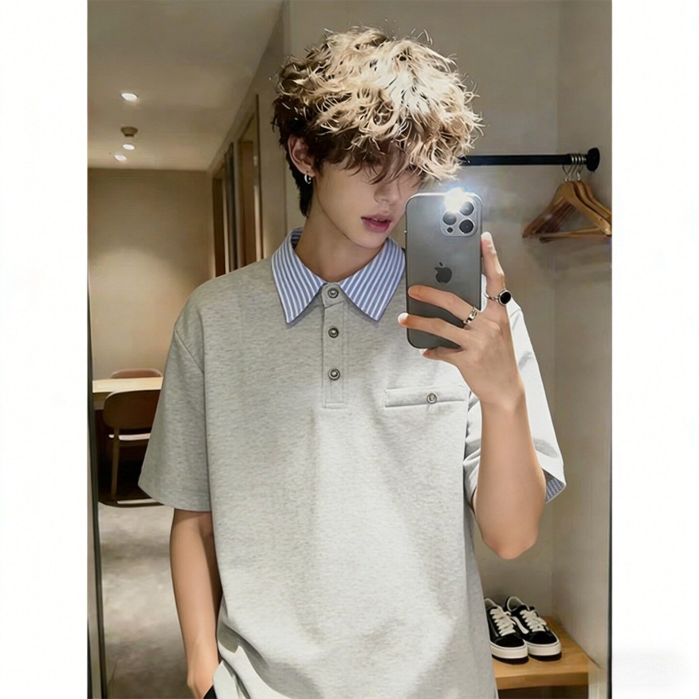 人夫感灰色假两件polo衫短袖男女夏季cleanfit痞帅高级感正肩t恤