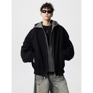 假两件连帽加厚棉衣外套男秋冬新款美式街头痞帅休闲黑色飞行夹克