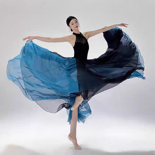 甜橙子消失的她笼#古典舞撞色双层720度天丝大摆裙现代舞飘逸长裙