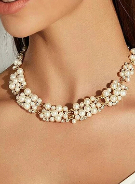 秋冬复古满钻纯欲风瀑布多层珍珠满天星项链法式轻奢超仙锁骨链女