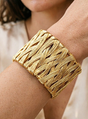 中古风轻奢重工宽版编织开口麻花手镯臂环独特高级气质男女手环