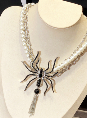 双层珍珠长款流苏蜘蛛项链