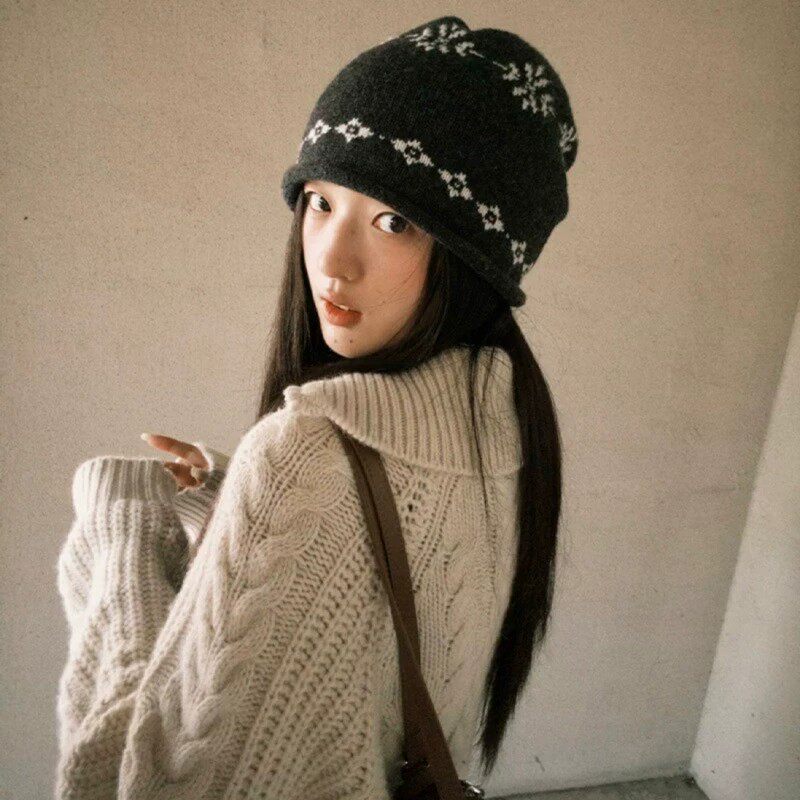 费尔岛提花卷边针织冷帽女秋冬季保暖时尚百搭显脸小毛线堆堆帽子