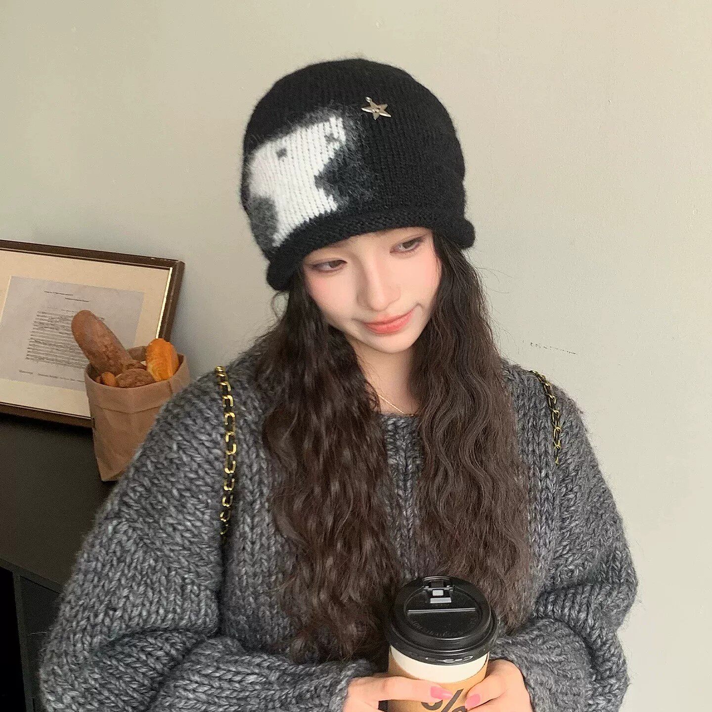 韩系可爱小狗针织毛线帽女秋冬季甜美休闲百搭显脸小保暖包头帽子