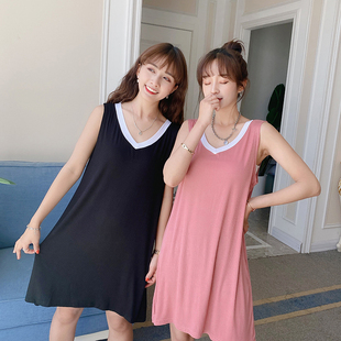 背心裙拼色家居服睡衣 睡裙女夏季 莫代尔薄款 性感中长款 宽松大码