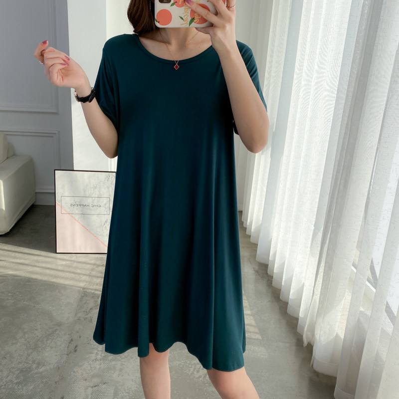夏季大码短袖莫代尔露背女宽松显瘦黑色大摆裙中长款圆领打底睡裙