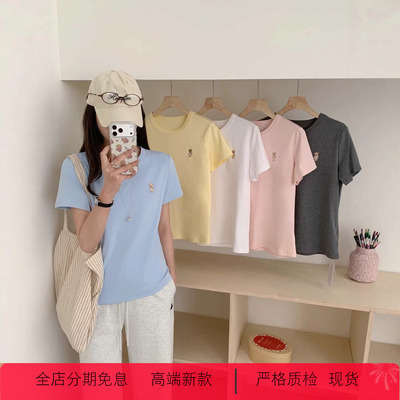 「夏季新款小熊刺绣针织T恤」女装休闲舒适圆领正肩短袖上衣女