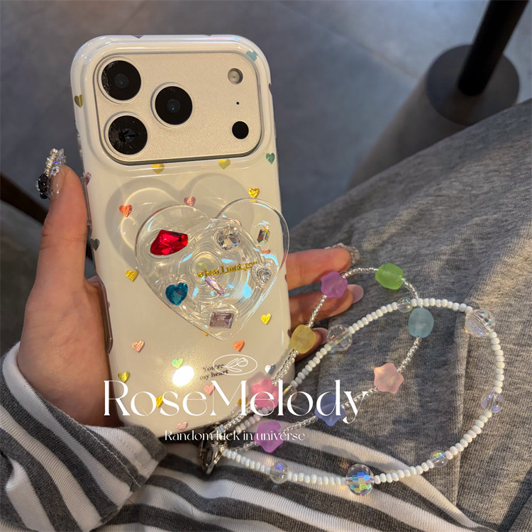 韩系小众高级感彩色小爱心用17pro苹果16ProMax手机壳iPhone16宝石爱心支架13防摔14Promax保护套15pro镭射
