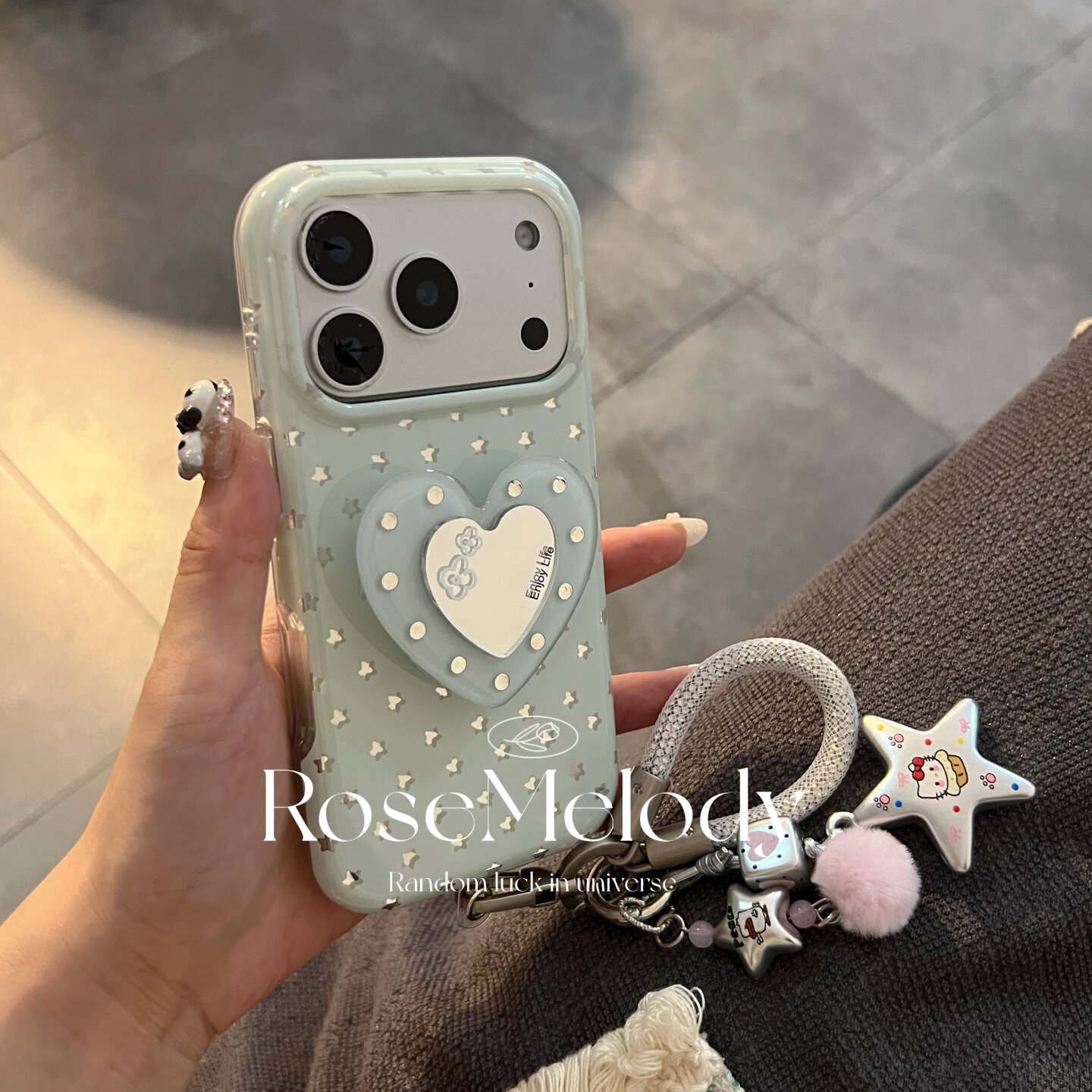 ins韩系可爱银色星星薄荷蓝用17pro苹果16ProMax手机壳iPhone17水钻爱心镜子支架13防摔14Promax圆边15pro女