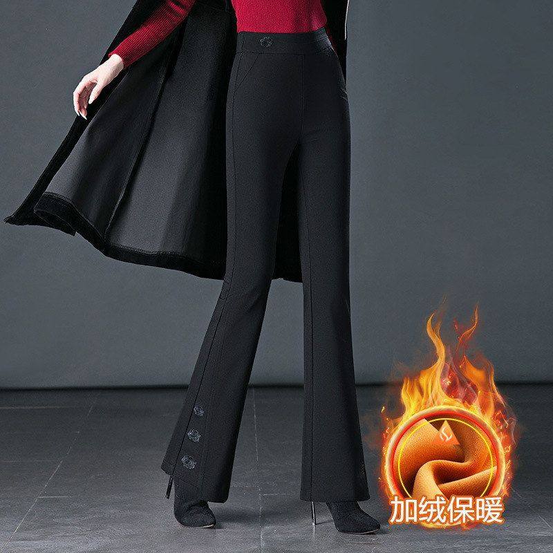 微喇叭裤女冬季加绒加厚裤子高腰显瘦松紧弹力休闲中年妈妈休闲裤