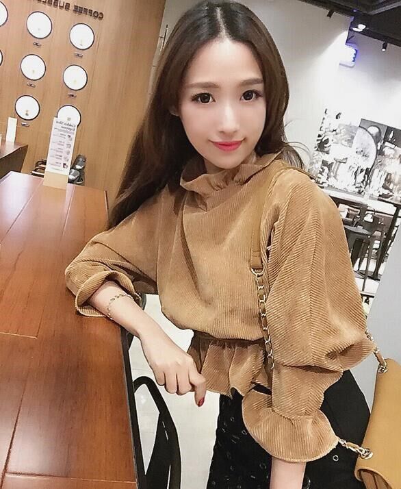 外穿衬衫女长袖韩版秋款短款宽松下摆荷叶边收腰上衣显瘦高腰衣服在类目 女装/女士精品, 衬衫中 - 来自Buy2taobao.com提供专业的淘宝代购服务