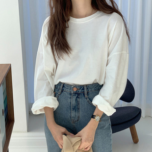宽松百搭打底衫 白色长袖 新款 t恤女2024早春秋季 ins学生上衣潮 韩版