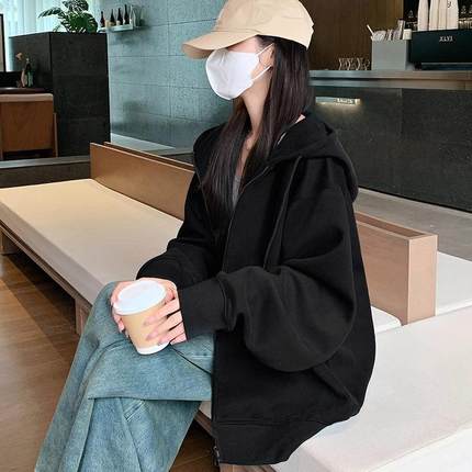 黑色卫衣外套女秋冬2024新款加绒加厚连帽开衫oversize拉链上衣潮