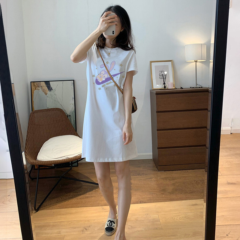 白色长裙连衣短裙慵懒风夏季新款设计感显瘦中长款纯棉短袖t恤女