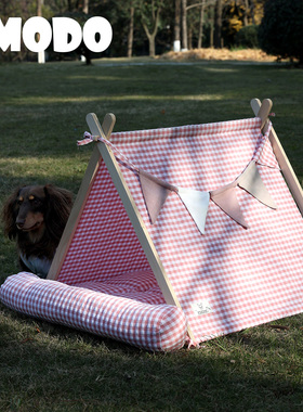 LMODO宠物帐篷宠物窝格纹帐篷窝夏季半封闭式帐篷猫狗通用猫房子